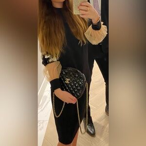 Apparalel Floral Appliqué Fancy Long Sleeve Black and Sheer Dress